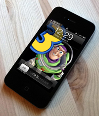 iPhone 4 with Buzz Lightyear unlock screen.